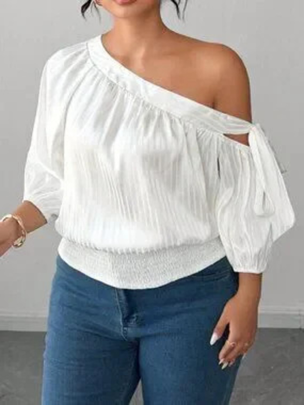 White Casual Women's Loose Asymmetrical Bishop Sleeve Cold Shoulder Blouse